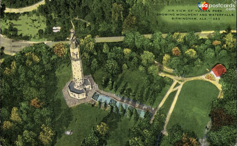 Air View of Vulcan Park, showing monument and Waterfalls