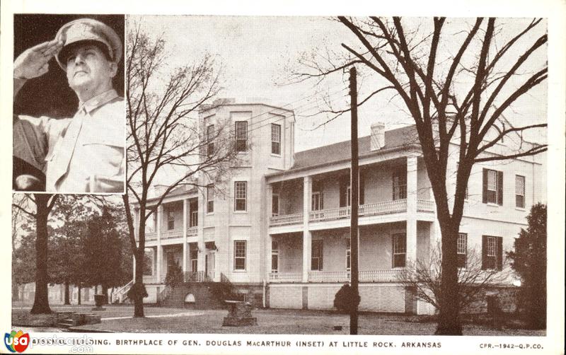 Old Arsenal Building, Birthplace of Gen. Douglas MacArthur (inset) at Little Rock