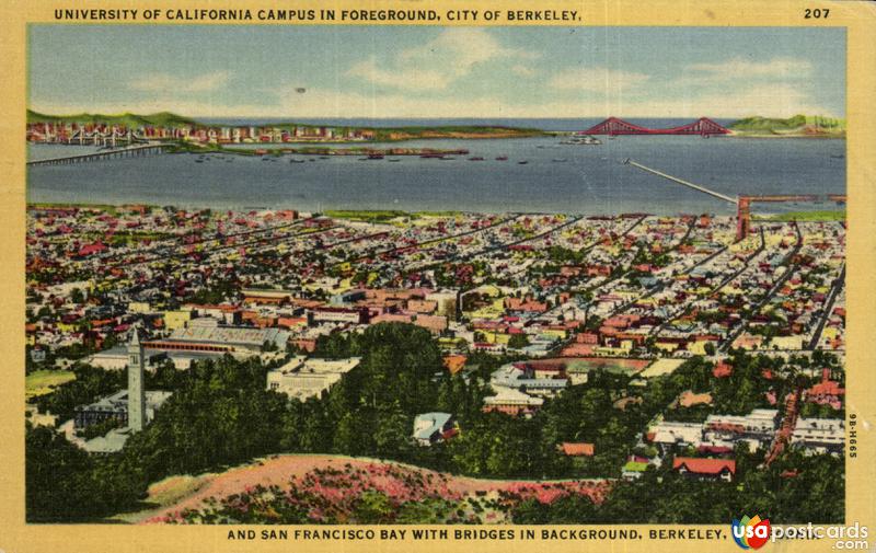 University of California Campus in Foreground and San Francisco Bay with Bridges in Background