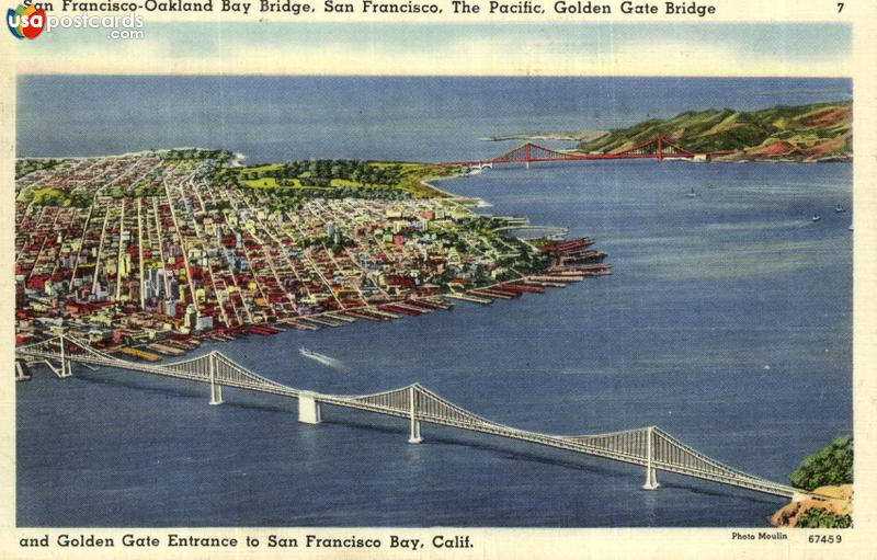 San Francisco-Oakland Bay Bridge, San Francisco, The Pacific, Golden Gate Bridge and Golden Gate Entrance to San Francisco Bay