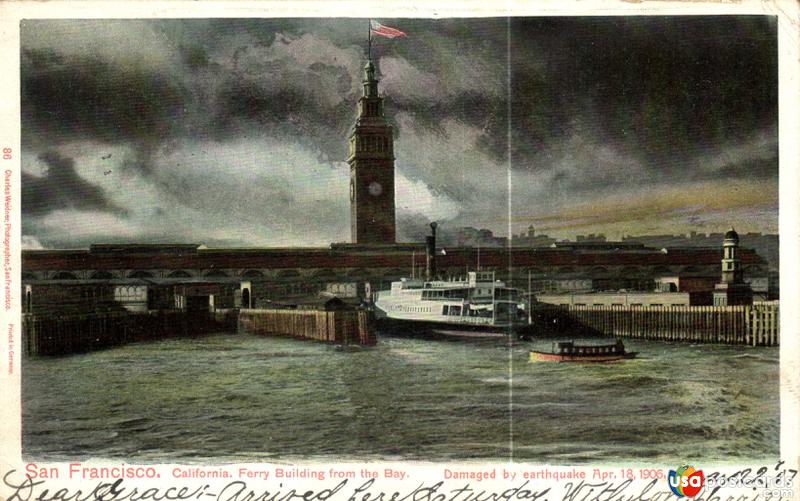 Ferry Building from the Bay. Damaged by Earthquake. April 18th. 1906