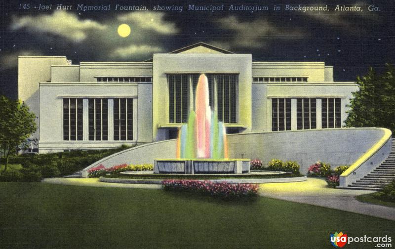 Joel Hurt Memorial Fountain showing Municipal Auditorium