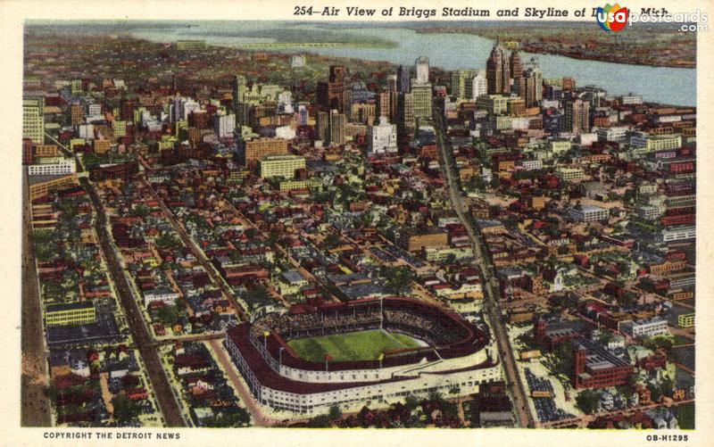 Air View of Briggs Stadium and Skyline of Detroit