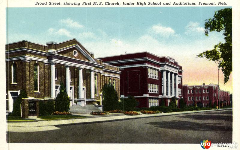 Pictures of Fremont, Nebraska, United States: Broad Street, showing First M. E. Church, Junior High School and Auditorium