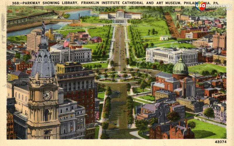 Parkway showing Library, Franklin Institute Cathedral and Art Museum
