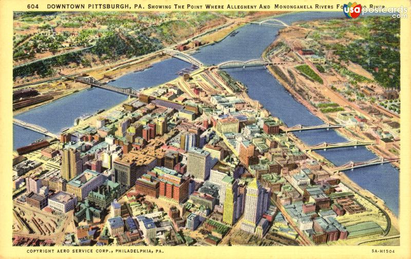 Downtown Pittsburgh, showing Rivers and Bridges