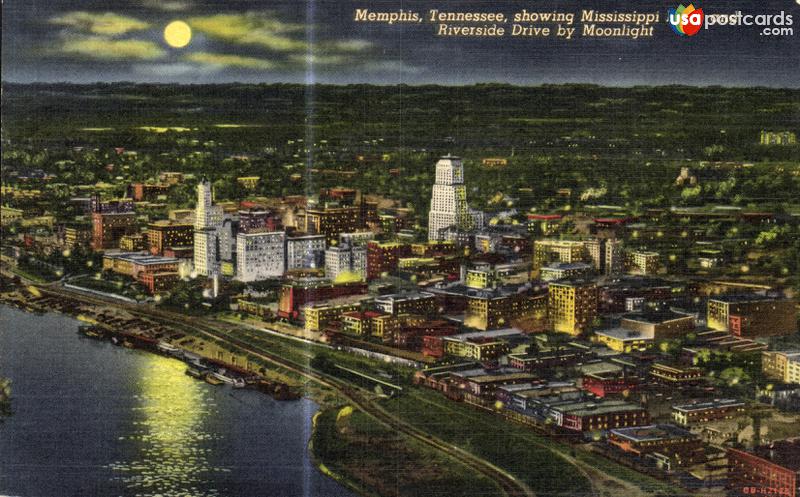 Memphis, Tennessee, showing Mississippi River and River Drive by Moonlight