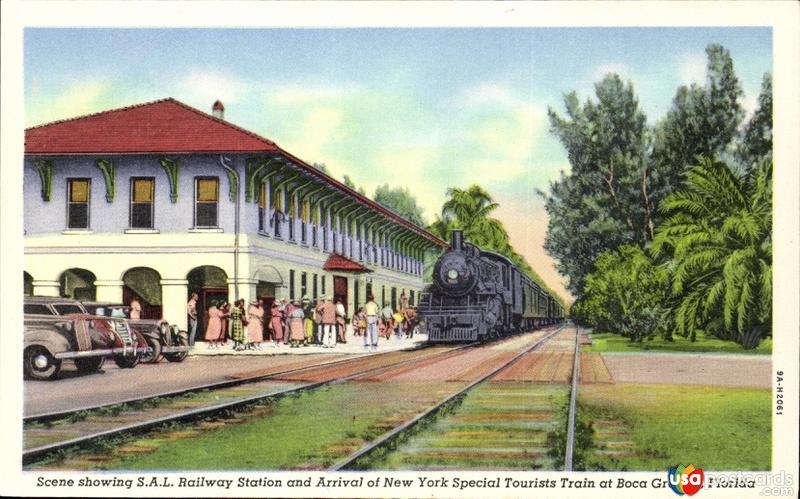 Scene showing S.A.L. railway station and arrival of New York Special Tourists Train