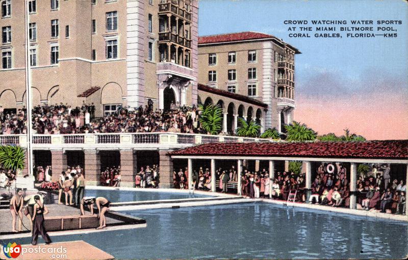 Crowd watching water sports at the Miami Biltmore Pool