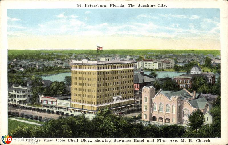 Bird´s eye view from Pheil Building, showing Suwanee Hotel and First Avenue M.E. Church