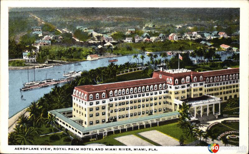 Aerial view of Royal Palm Hotel and Miami River