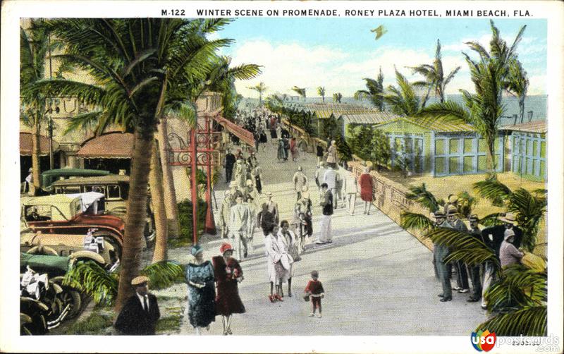 Winter scene on Promenade, Roney Plaza Hotel