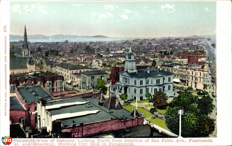 Looking North from Junction of San Pablo Ave, 14th St and Broadway. City Hall in foreground.