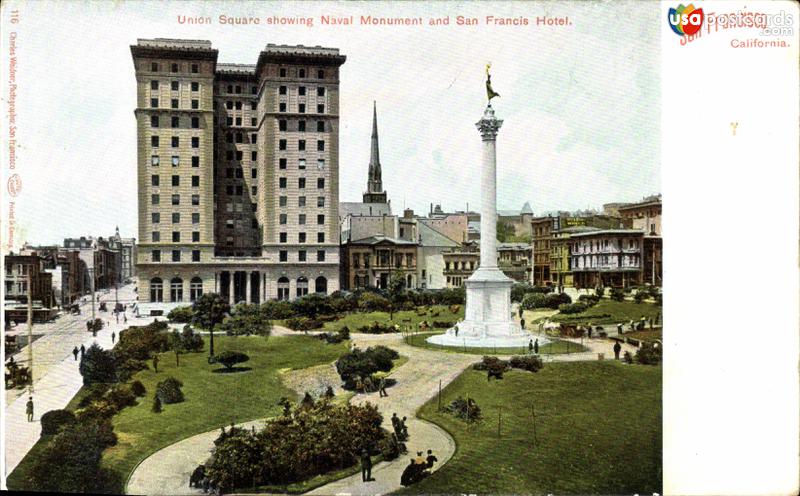 Union Square showing Naval Monument and San Francis Hotel