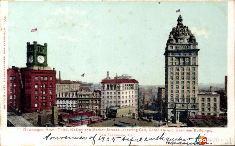 Newspaper Row, 3rd and Market Streets, showing Call, Chronicle and Examiner Buildings