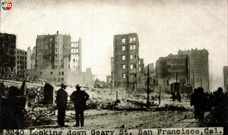 Looking down Geary St, after the 1906 Earthquake and Fire