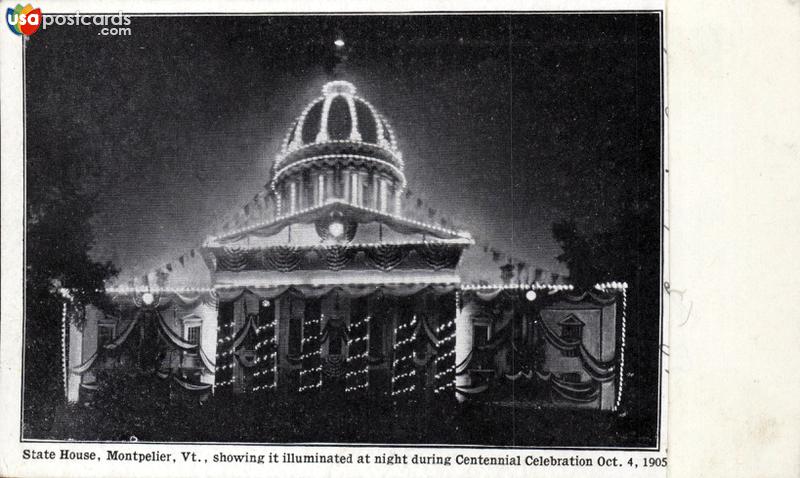 Pictures of Montpelier, Vermont, United States: State House, illuminated during Centennial Celebration, Oct. 4, 1905