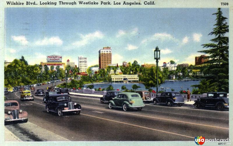 Wilshire Boulevard, looking through Westlake Park