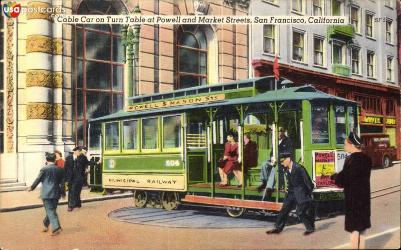 Cable car on turn table at Powell and Market Streets