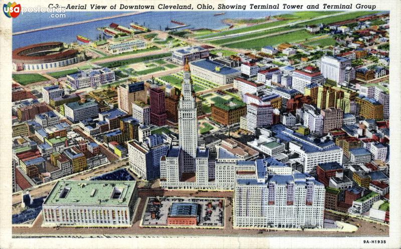 Aerial view of Downtown Cleveland, showing Terminal Tower and Terminal Group