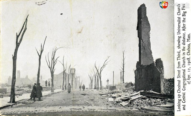 Pictures of Chelsea, Massachusetts, United States: Chestnut St. from 3rd., Universalist and Congregational Churches after fire of April 12, 1908
