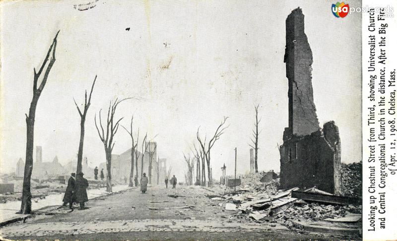 Chestnut St. from 3rd., Universalist and Congregational Churches after fire of April 12, 1908