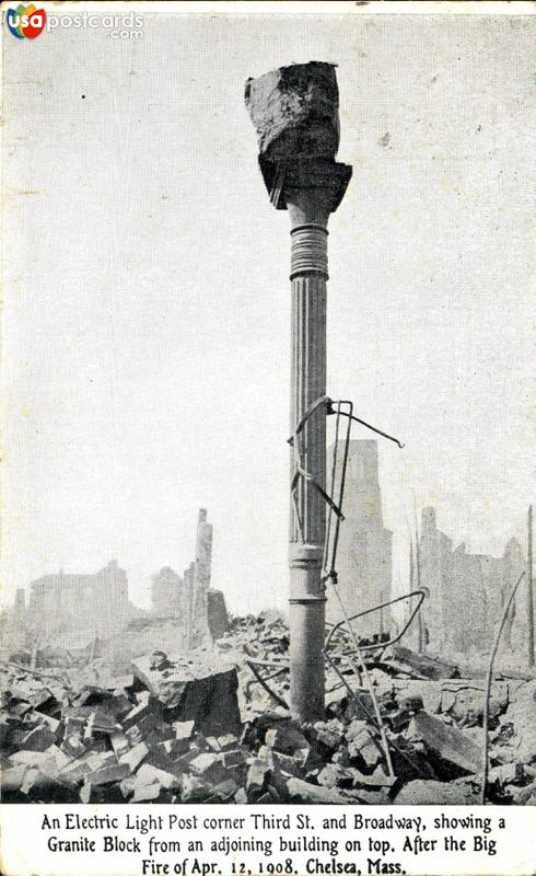 Pictures of Chelsea, Massachusetts, United States: Light Post on 3rd. St. And Broadway, after the Big Fire of April 12, 1908
