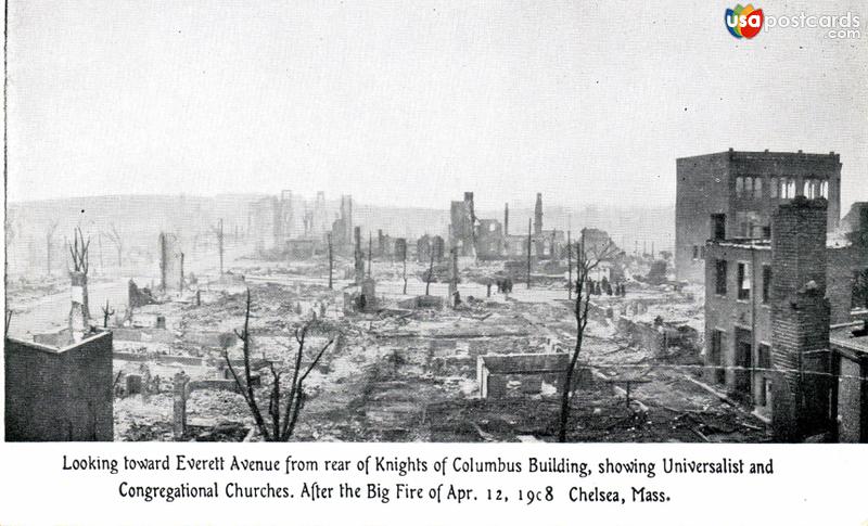 Everett Ave., Universalist and Congregational Churches after the Big Fire of April 12, 1908