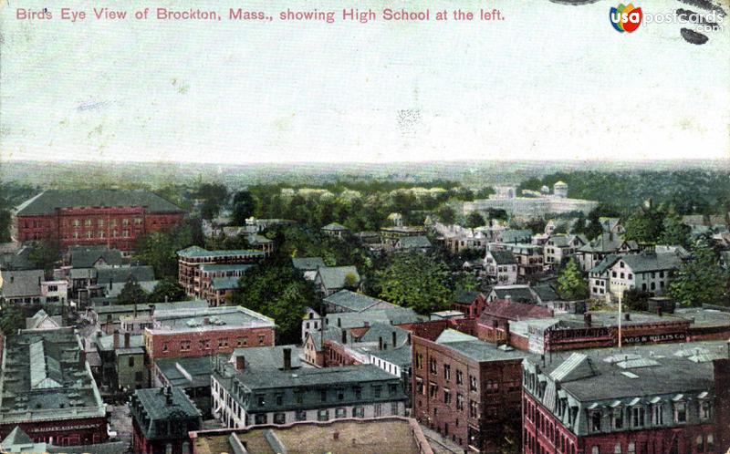 Bird´s eye view of Brockton, showing High School at the left