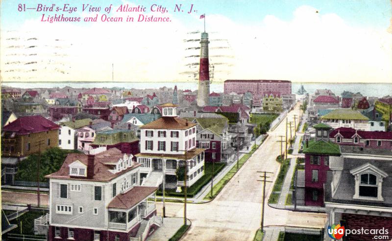 Bird´s eye view of Atlantic City, Lighthouse and Ocean in distance