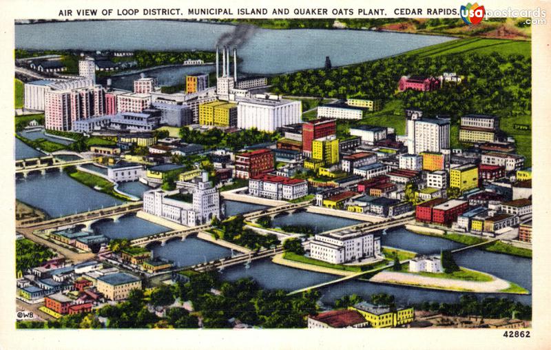 Pictures of Cedar Rapids, Iowa, United States: Air view of Loop District, Municipal Island and Quaker Oats Plant