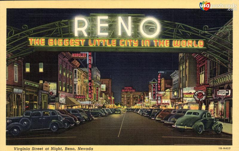 Virginia Street at Night. RENO, The Biggest Little City in The World