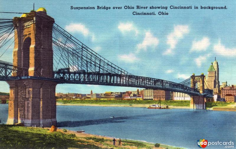 Suspension brigde over the Ohio River, showing Cincinnati in background