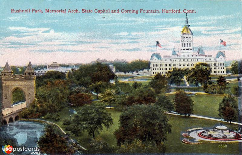 Pictures of Hartford, Connecticut, United States: Bushnell Park, Memorial Arch, Stet Capitol and Corning Fountain