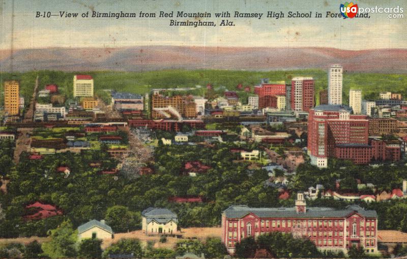 Pictures of Birmingham, Alabama: View of Birmingham from Red Mountain with Ramsey High School in Foreground