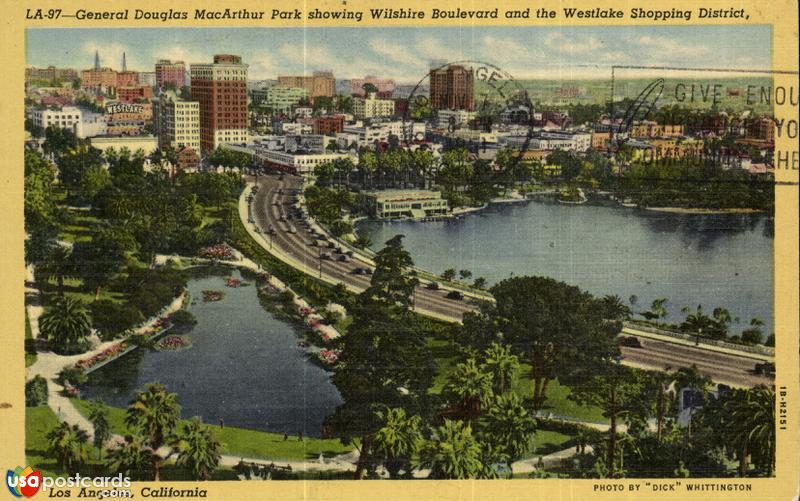 Pictures of Los Angeles, California: General Douglas MacArthur Park showing Wilshire Boulevard and the Westlake Shopping District