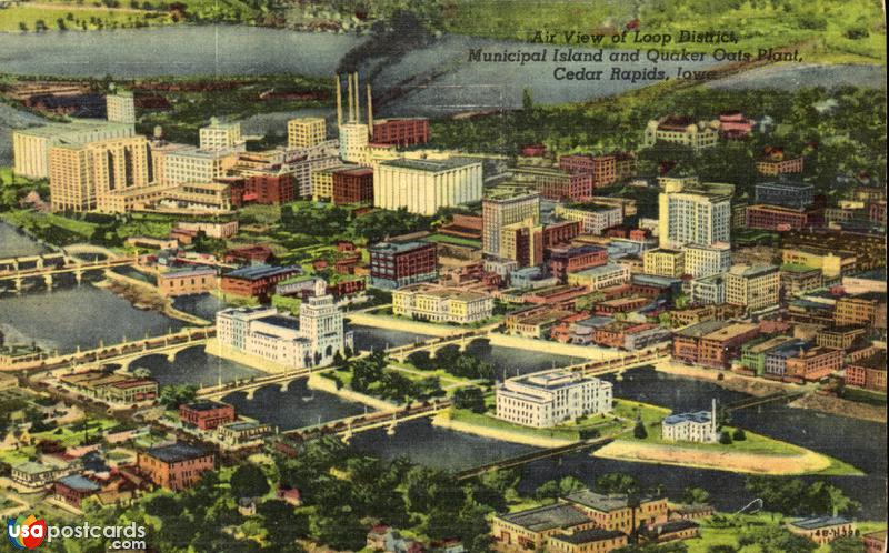 Pictures of Cedar Rapids, Iowa: Air View of Loop Distric, Municipal Island and Quaker Oats Plant