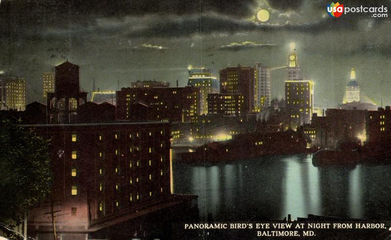 Pictures of Baltimore, Maryland: Panoramic Bird´s Eye View at Night from Harbor