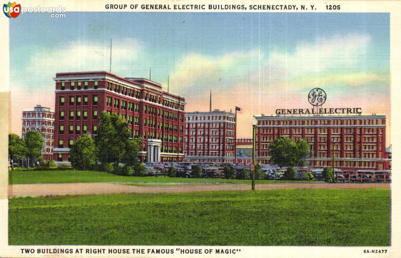 Pictures of Schenectady, New York: Group of General Electric Buildings. Two Buildinds at Right House The Famous House of Magic
