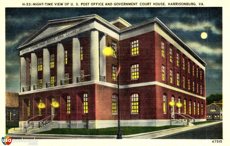 Pictures of Harrisonburg, Virginia: Night-Time View of U. S. Post Office and Government Court House