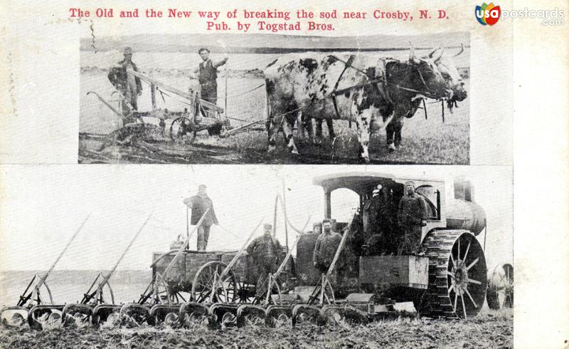 Pictures of Crosby, North Dakota: The old and the new way of breaking the sod