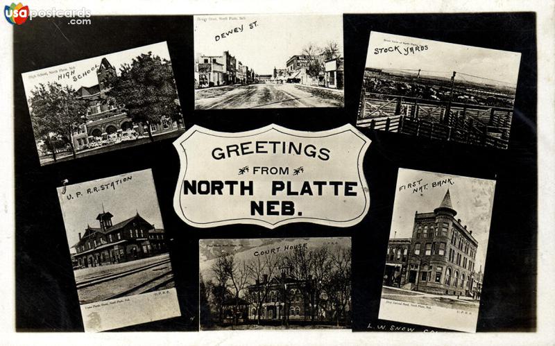 Pictures of North Platte, Nebraska: High School / Dewey St. / Stock Yards / V. P. R. R. Station / Court House / First National Bank