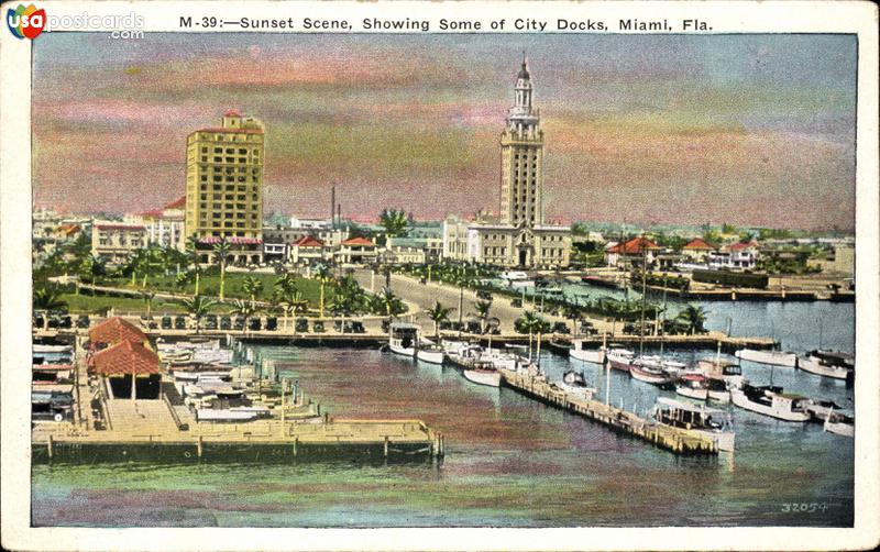 Pictures of Miami, Florida: Sunset Scene, showing some of city docks