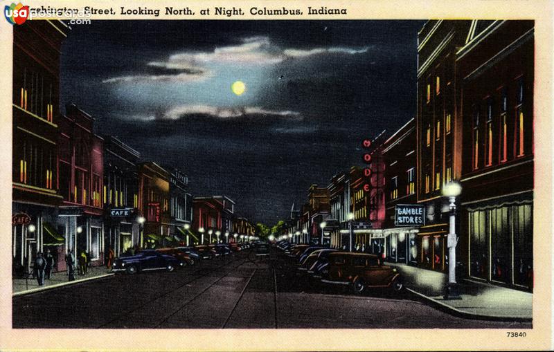 Pictures of Columbus, Indiana: Washington Street, looking North at night