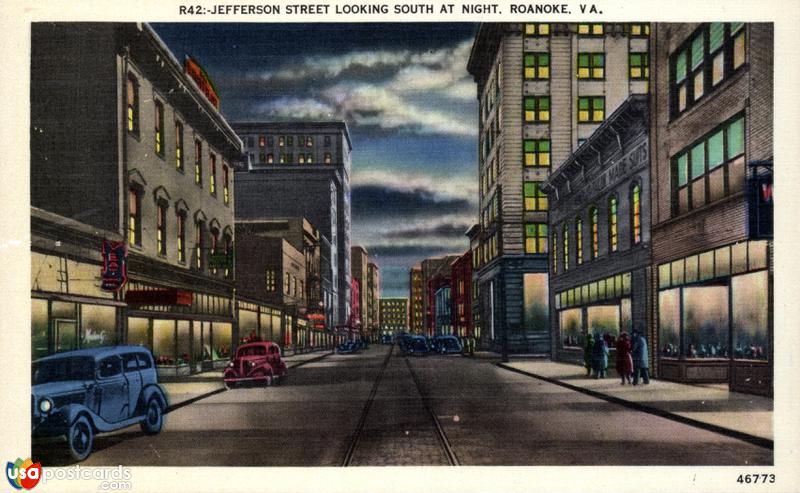 Pictures of Roanoke, Virginia: Jefferson Street, looking South at night
