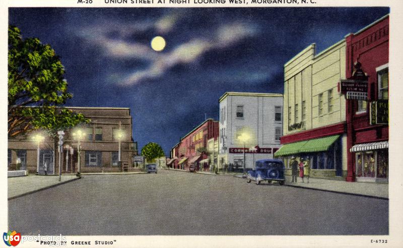 Pictures of Morganton, North Carolina: Union Street at night, looking West