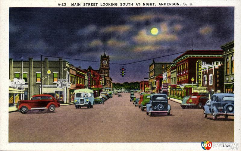 Pictures of Anderson, South Carolina: Main Street, looking South at night