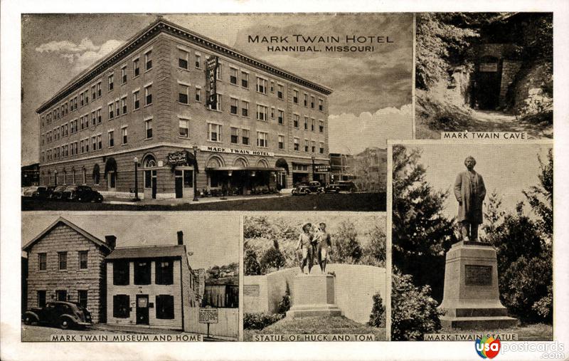 Pictures of Hannibal, Missouri: Mark Twain Hotel, Museum and Home, Cave, Statue, and Statue of Huck and Tom