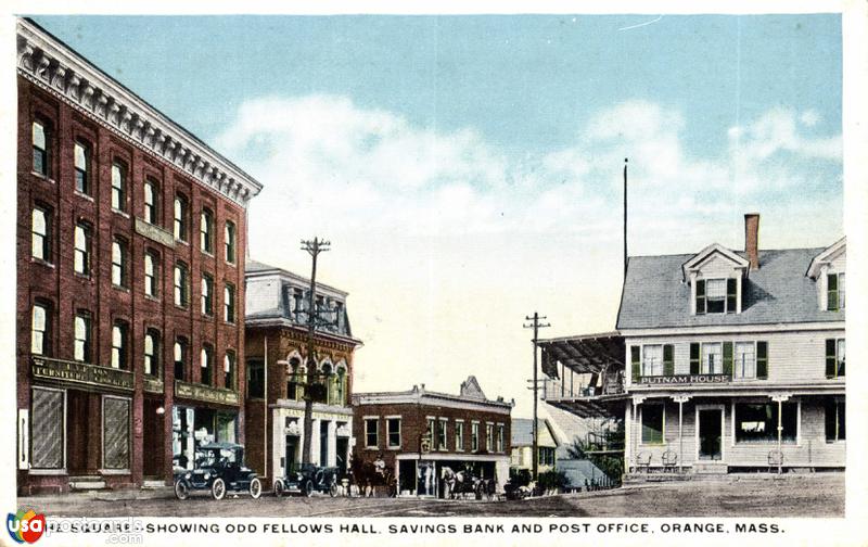 Pictures of Orange, Massachusetts: The Square, showing Odd Fellos Hall, Savings Bank and Post Office
