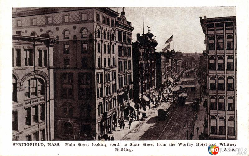 Pictures of Springfield, Massachusetts: Main Street, looking South to State Street from Worthy Hotel and Whitney Building